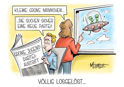 Cartoon: Völlig losgelöst... (medium) by Mirco Tomicek tagged grünen,grüne,jugend,vorstand,partei,austritt,ausgetreten,parteiaustritt,kurs,linke,richtung,richtungswechsel,ampel,ampelregierung,regierung,umfrage,wahl,aliens,außerirdische,cartoon,karikatur,pressekarikatur,mirco,tomicek,grünen,grüne,jugend,vorstand,partei,austritt,ausgetreten,parteiaustritt,kurs,linke,richtung,richtungswechsel,ampel,ampelregierung,regierung,umfrage,wahl,aliens,außerirdische,cartoon,karikatur,pressekarikatur,mirco,tomicek