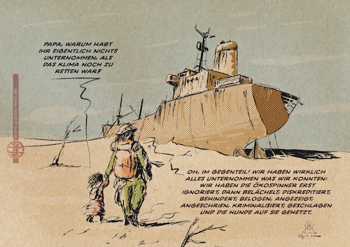 Cartoon: Klimafragen (medium) by Guido Kuehn tagged klima,braunkohle,dannenröder,forst,umweltschutz,polizei,klima,braunkohle,dannenröder,forst,umweltschutz,polizei