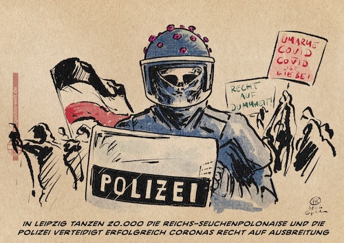 Cartoon: Tanz den COVID (medium) by Guido Kuehn tagged polizei,corona,leipzig,querdenker,nazis,polizei,corona,leipzig,querdenker,nazis