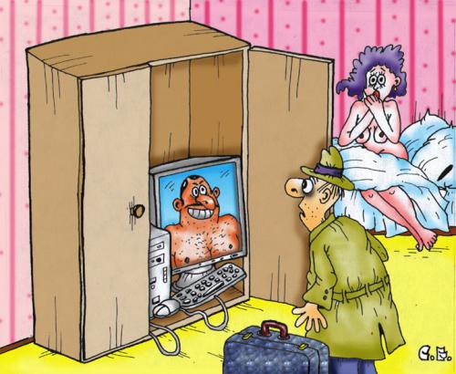 Cartoon: Wardrobe (medium) by Sergey Ermilov tagged wardrobe,usband,wife,sleeping,room,lover,computer,internet