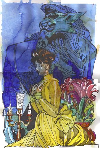 Cartoon: Beauty and the Beast (medium) by joellestoret tagged beauty,and,the,beast,yellow,blue,lumiere