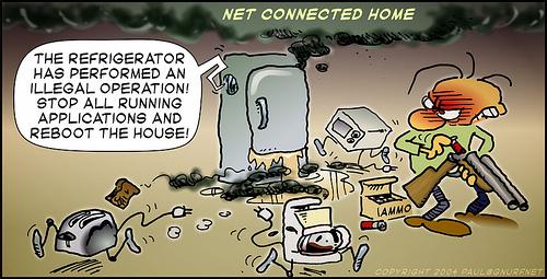 Cartoon: Net Connected Home (medium) by gnurf tagged gnurf,network,crash,shotgun,computer,home,kitchen