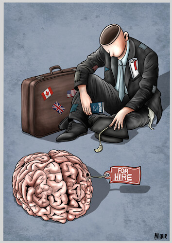 Cartoon: Brain drain (medium) by miguelmorales tagged brain,drain,joung,professionals,brain,drain,joung,professionals