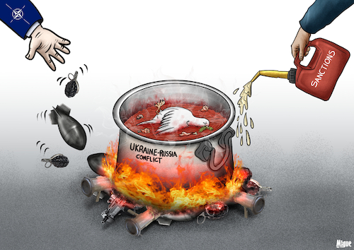Cartoon: Fanning the flames (medium) by miguelmorales tagged war,ukraine,russia,conflict,sanctions,weapons,nato,war,ukraine,russia,conflict,sanctions,weapons,nato