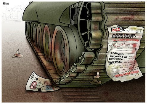 Cartoon: Good news? (medium) by miguelmorales tagged war,putin,ukraine,russia,pandemic,end,economy,recession,war,putin,ukraine,russia,pandemic,end,economy,recession