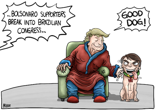 Cartoon: Master and dog (medium) by miguelmorales tagged bolsonaro,trump,supporters,brazilian,congress,brazil,break,bolsonaro,trump,supporters,brazilian,congress,brazil,break