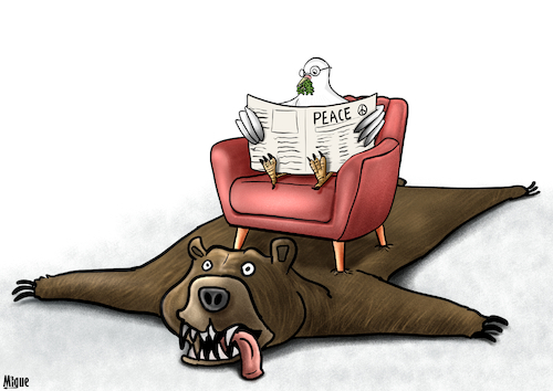 Cartoon: Peace is all we need (medium) by miguelmorales tagged putin,war,peace,bear,ukraine,conflict,crisis,putin,war,peace,bear,ukraine,conflict,crisis