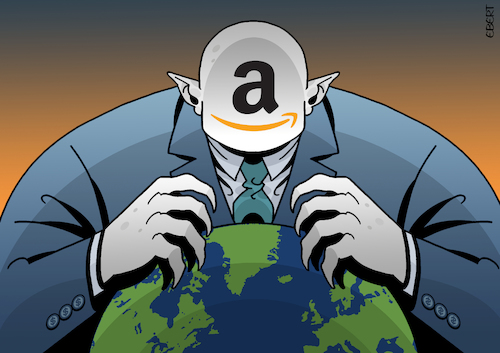 Cartoon: Amazon (medium) by Enrico Bertuccioli tagged amazon,commerce,business,power,money,trade,internet,web,economy,monopoly,markets,technology,multinational,company,control