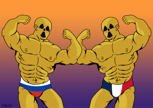 Cartoon: Atomic bodybuilders (medium) by Enrico Bertuccioli tagged france,russia,unitedstates,europe,atomic,atomicbomb,atomicweapon,atomicthreat,nuclear,nuclearbomb,nuclearmissile,nuclearweapon,putin,macron,worldwar,nuclearwar,war,money,business,military,defense,power,control,dominion,political,politicalcartoon,editorialcartoon,france,russia,unitedstates,europe,atomic,atomicbomb,atomicweapon,atomicthreat,nuclear,nuclearbomb,nuclearmissile,nuclearweapon,putin,macron,worldwar,nuclearwar,war,money,business,military,defense,power,control,dominion,political,politicalcartoon,editorialcartoon