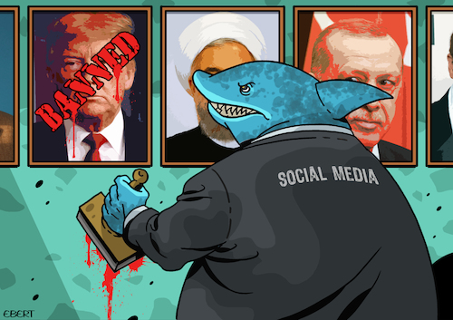 Cartoon: Banned! (medium) by Enrico Bertuccioli tagged banned,trump,social,media,political,censorship,twitter,facebook,google,information,violence,misinfromation,disinformation,fake,news,policy,content,danger,dangerous,tech,platforms,freedom,speech,democracy,authoritarianism,leadership,rules,regulation,extremism,extremist,restriction,capitol,attack,president,biden,blocked,suspension,editorial,us,populisn,populist,internet