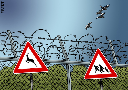 Cartoon: Border signals (medium) by Enrico Bertuccioli tagged migrants,immigrants,refugees,border,political,government,global,europe,wall,restriction,intolerance,racism,crisis,migrantcrisis,war,famine,persecution,clandestine,security,safety,humanbeings,humanrights,homeland,migrants,immigrants,refugees,border,political,government,global,europe,wall,restriction,intolerance,racism,crisis,migrantcrisis,war,famine,persecution,clandestine,security,safety,humanbeings,humanrights,homeland