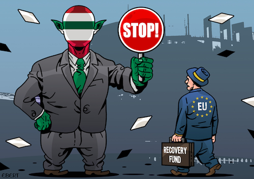 Cartoon: EU and Recovery Fund (medium) by Enrico Bertuccioli tagged eu,europe,recovery,fund,budget,crisis,covid19,virus,hungary,poland,government,political,policy,economy,money,business,trade,cooperation,law,rights,society,people,democracy,freedom,court,media,control,opposition,speech,protest,coronavirus,influence,rescue,safety,cash,finance,financial,commission,strasbourg,sovereignty,institutions,protection,danage