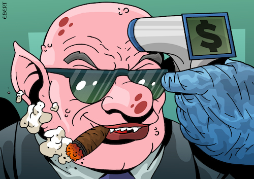 Cartoon: Money-sick. (medium) by Enrico Bertuccioli tagged covid19,speculator,financial,business,money,economy,crisis,greed,global,trade,markets,coronavirus,rich,richness,speculation,exploitation,virus
