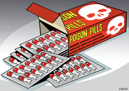 Cartoon: Poison pills (medium) by Enrico Bertuccioli tagged war,bloofshed,violence,bombing,victims,civilian,humanbeings,damages,government,political,warcrimes,weapons,bomb,pills,military,army,attack,devastation,business,health,economy,war,bloofshed,violence,bombing,victims,civilian,humanbeings,damages,government,political,warcrimes,weapons,bomb,pills,military,army,attack,devastation,business,health,economy