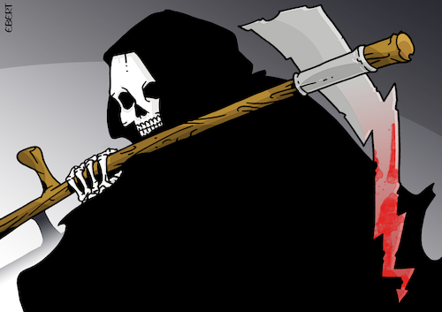 Cartoon: Stock markets Grim Reaper (medium) by Enrico Bertuccioli tagged stock,markets,business,money,economy,greed,finance,financial,commerce,crisis,society,people,trafe,sales,speculation,grim,reaper,bancrupcty,investments,government,wages,funds,capitalism,richness,poverty,rich,credit,policy,political,currency,global,world