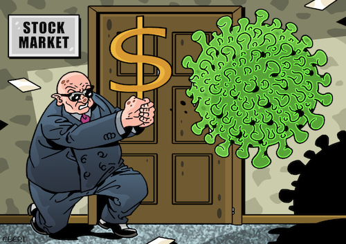 Cartoon: Stock Markets nightmare (medium) by Enrico Bertuccioli tagged stock,markets,nightmare,economy,money,business,trade,commerce,government,crisis,political,policy,work,job,finance,financial,pandemic,richness,poorness,poverty,greed,capitalism,industry,speculation,speculators,policiticians,world,global,unemployment,workers,welfare