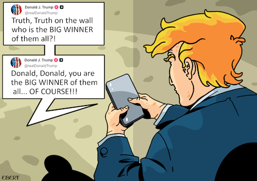Cartoon: The big winner (medium) by Enrico Bertuccioli tagged trump,donaldtrump,egomaniac,egocentrism,narcissism,pathologicalnarcissist,mentaldistress,madness,truth,socialnetworks,communication,fakenews,disinformation,misinformation,internet,digitaldevices,political,politicalcartoons,politicalcartoon,editorialcartoon,editorialcartoons,trump,donaldtrump,egomaniac,egocentrism,narcissism,pathologicalnarcissist,mentaldistress,madness,truth,socialnetworks,communication,fakenews,disinformation,misinformation,internet,digitaldevices,political,politicalcartoons,politicalcartoon,editorialcartoon,editorialcartoons