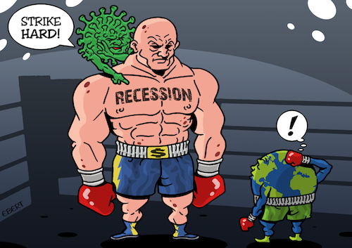 Cartoon: The sparring partner (medium) by Enrico Bertuccioli tagged covid19,coronavirus,crisis,financial,business,money,global,recession,economy,trade,markets,government,pandemic,bank,work,workers,employment,unemployment,consumerism,industry,people,society,welfare,health