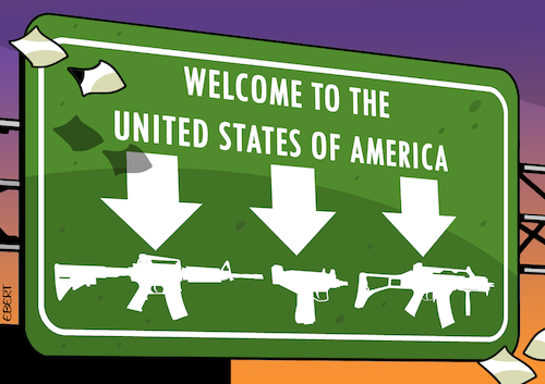 Cartoon: Welcome to the USA (medium) by Enrico Bertuccioli tagged bloodshed,guns,violence,gunviolence,usa,victims,humanbeings,safety,security,life,death,government,political,weapons,ban,society,people,family,children,education,nra,school,shooting,massshooting,money,business,fanaticism,protection,anxiety,bloodshed,guns,violence,gunviolence,usa,victims,humanbeings,safety,security,life,death,government,political,weapons,ban,society,people,family,children,education,nra,school,shooting,massshooting,money,business,fanaticism,protection,anxiety