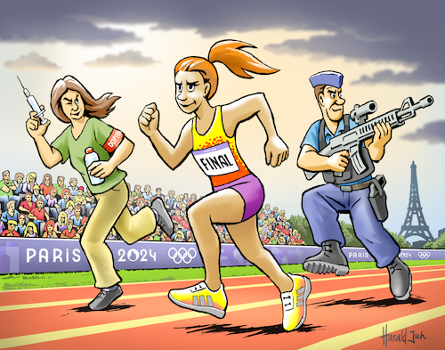 Cartoon: Gleich geschafft! (medium) by Harald Juch tagged olympiade,final,olympia,sprint,wettlauf,paris,2024,doping,control