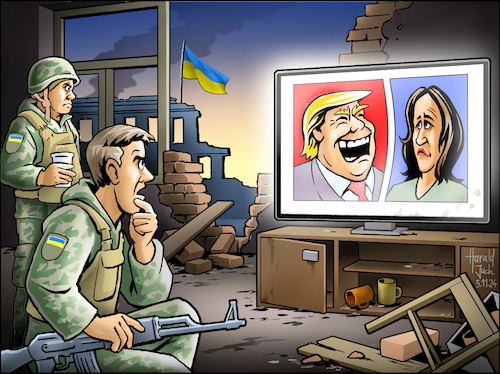 Cartoon: Ukrainischer Albtraum (medium) by Harald Juch tagged harald,juch,trump,harris,ukraine,krieg,usa,wahlsieg