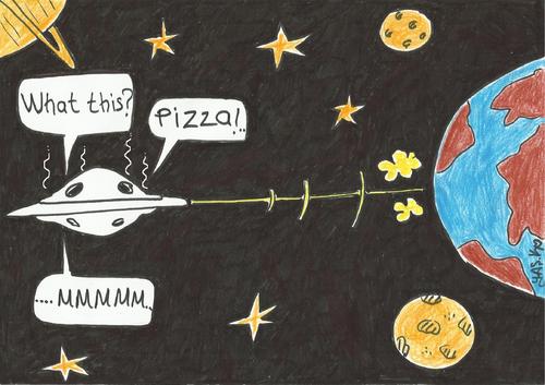 Cartoon: alien fan of pizza (medium) by yasar kemal turan tagged ufo,pizza,of,fan,alien,pizzapitch