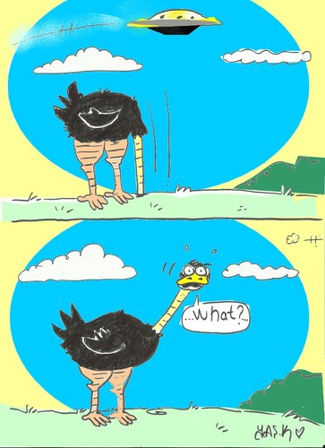 Cartoon: at that moment (medium) by yasar kemal turan tagged ostrich,ufo,moment,that,at