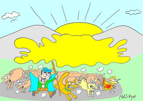 Cartoon: magma-sunrise (medium) by yasar kemal turan tagged animals,shepherd,herd,sunrise,sun,magma