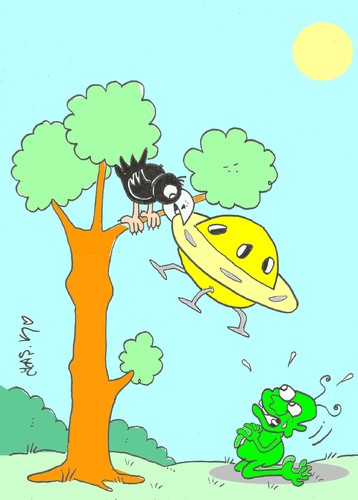 Cartoon: please-ufo (medium) by yasar kemal turan tagged fontein,la,crow,alien,ufo,please