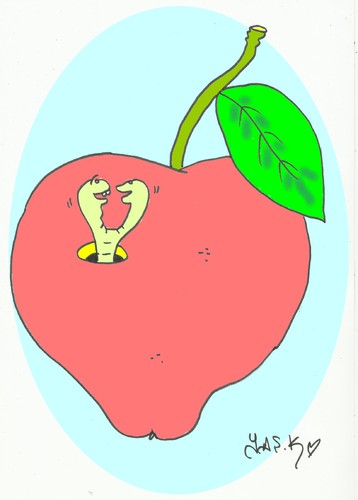 Cartoon: Siamese twins (medium) by yasar kemal turan tagged twins,siamese,worm,apple