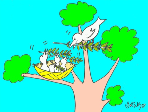 Cartoon: trained pigeons (medium) by yasar kemal turan tagged trained,pigeons,peace,olive,branch,love