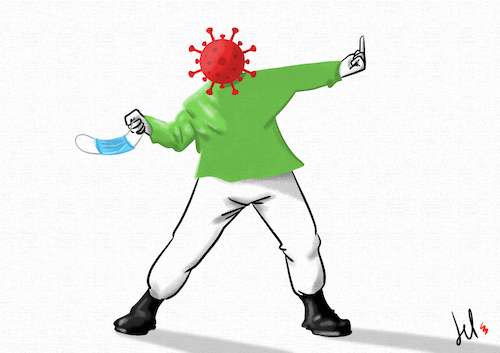 Cartoon: Rage - the mask thrower (medium) by Emanuele Del Rosso tagged vaccine,coronavirus,wealth,pandemic,masks,vaccine,coronavirus,wealth,pandemic,masks