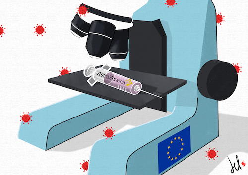 Cartoon: Under the microscope (medium) by Emanuele Del Rosso tagged astrazeneca,vaccine,eu,uk,coronavirus,astrazeneca,vaccine,eu,uk,coronavirus