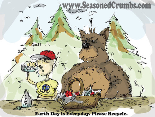 Cartoon: Earth Day (medium) by Seasoned Crumbs tagged earth,day,seasoned,crumbs,coco,faber,bear,cartoon,recycle,water,bottle,forest,woods,animal