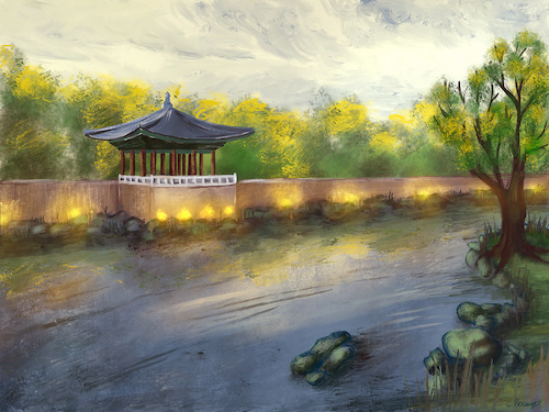 Cartoon: Cloudy Day (medium) by alesza tagged landscape,nature,asia,digital,painting,cloudy,day,pond,lake