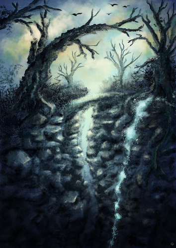 Cartoon: Fantasy environment (medium) by alesza tagged landscape,nature,environment,digital,painting,illustration,art,tree,waterfall,fantasy,rock,mountain,bridge