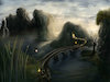 Cartoon: The Bridge (small) by alesza tagged digital,painting,landscape,fantasy,bridge,nature,mountains,sunset,lantern,light,dark,shadow,grass,green,blue,hidden,place,leading,path,inside