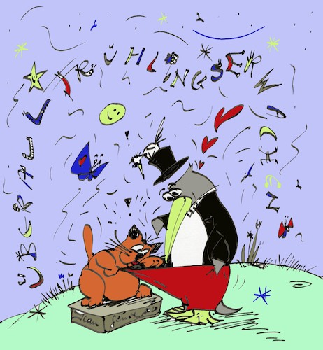 Cartoon: Frühlingserwachen (medium) by Jean Genie tagged fruehling,gefuehle,triebe,pinguin,katze,liebe,partnerschaft,beziehung,tiere,fruehling,gefuehle,triebe,pinguin,katze,sex,liebe,partnerschaft,beziehung,tiere