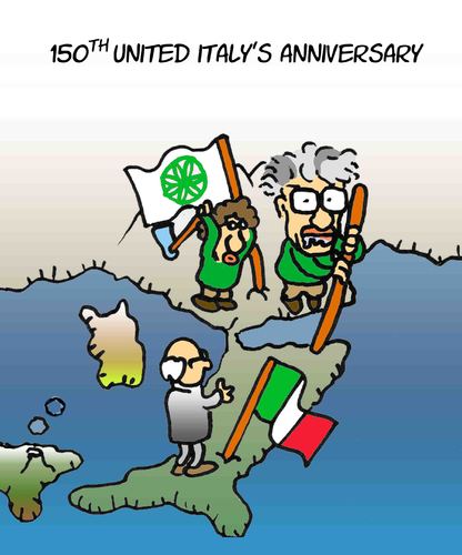 Cartoon: 150th united Italy anniversary (medium) by fragocomics tagged 150th,150,united,italy,anniversary,berlusconi,federalism,lega,nord,17,march,17th,italien,geburstag,150