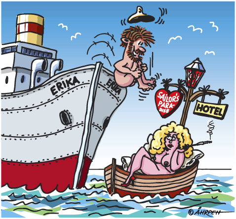 Cartoon: Hotelschiff (medium) by rpeter tagged mann,frau,liebe,schiff,boot,bett,amor,nackt,meer,seemann