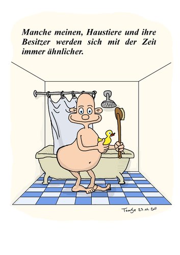 Cartoon: Gummiente mit Herrchen (medium) by TomSe tagged ähnlichkeit,bad,tierbesitzer,gummiente