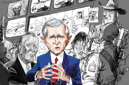 Cartoon: George W Bush caricature (medium) by Colin A Daniel tagged george,bush,john,wayne,sylvester,stallone,donald,rumsfeld,caricature,colin,daniel