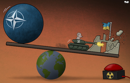 Cartoon: Balance of terror (medium) by Tjeerd Royaards tagged nato,russia,putin,ukraine,invasion,balance,nato,russia,putin,ukraine,invasion,balance