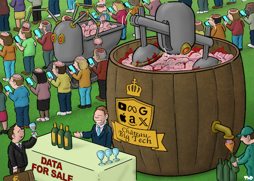 Cartoon: Chateau Big Tech (medium) by Tjeerd Royaards tagged social,media,addiction,meta,google,facebook,data,harvesting,social,media,addiction,meta,google,facebook,data,harvesting