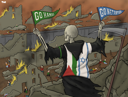 Cartoon: Cheering for both sides (medium) by Tjeerd Royaards tagged grim,reaper,gaza,hamas,israel,netanyahu,palestine,grim,reaper,gaza,hamas,israel,netanyahu,palestine