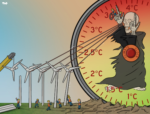 Cartoon: Climate clock (medium) by Tjeerd Royaards tagged climate,click,temperature,time,future,sustainable,energy,wind,turbine,green,climate,click,temperature,time,future,sustainable,energy,wind,turbine,green