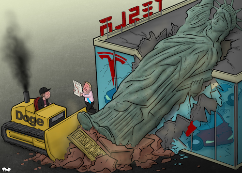 Cartoon: Collateral damage (medium) by Tjeerd Royaards tagged trump,musk,doge,democracy,usa,sales,profit,trump,musk,doge,democracy,usa,sales,profit