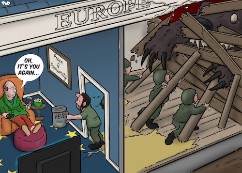 Cartoon: Complacent Europe (medium) by Tjeerd Royaards tagged eu,europe,support,ukraine,russia,zelensky,eu,europe,support,ukraine,russia,zelensky