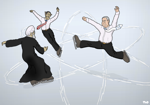 Cartoon: Diplomatic Dance (medium) by Tjeerd Royaards tagged netanyahu,deal,nuclear,iran,israel,usa,obama,rouhani,netanyahu,rouhani,obama,usa,israel,iran,nuclear,deal