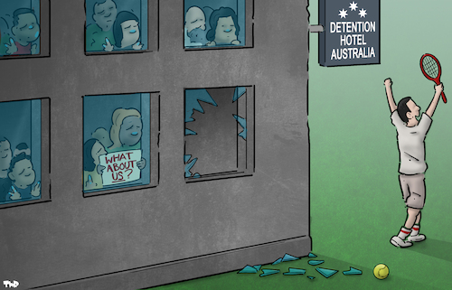 Cartoon: Djokovic can enter Australia (medium) by Tjeerd Royaards tagged australia,migration,refugees,djokovic,border,detention,hotel,tennis,australia,migration,refugees,djokovic,border,detention,hotel,tennis